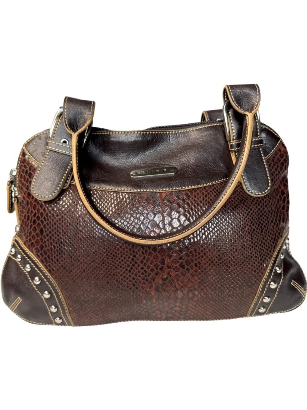 Sharif Brown Leather & Snakeskin Pattern Studded Shoulder Bag W/Double Handles